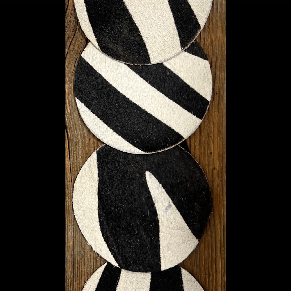 Leather coasters, 4 set, Zebra, genuine cowhide, animal print decor, dorm room